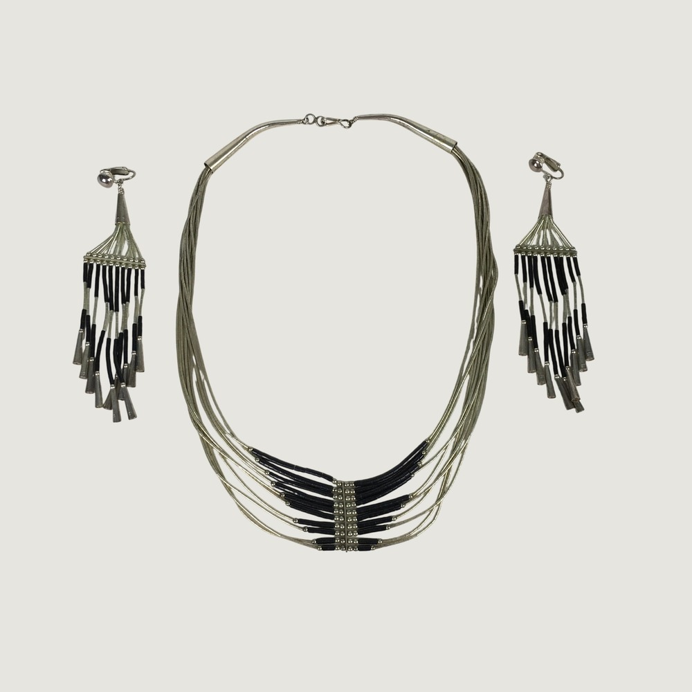 Vintage Sterling Liquid Sterling Silver Onyx Multi Strand Necklace Earring Set